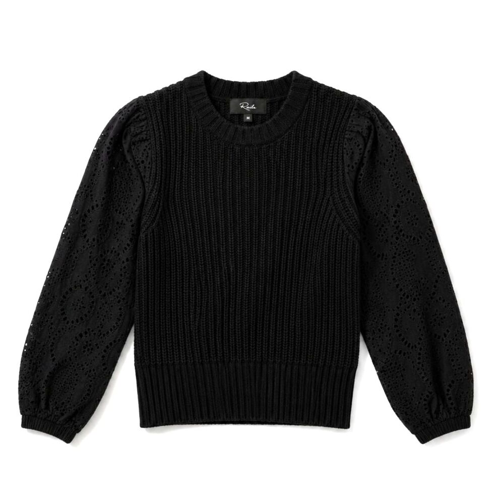 Rails Dhalia Black Eyelet Puff Sleeve BCI Cotton Blend Chunky Knit Sweater M - Picture 2 of 8